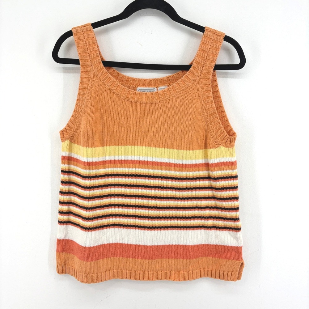 Jeanne Pierre Vintage Womens Orange Striped Cotton Knit Tank Top Scoop Neck L